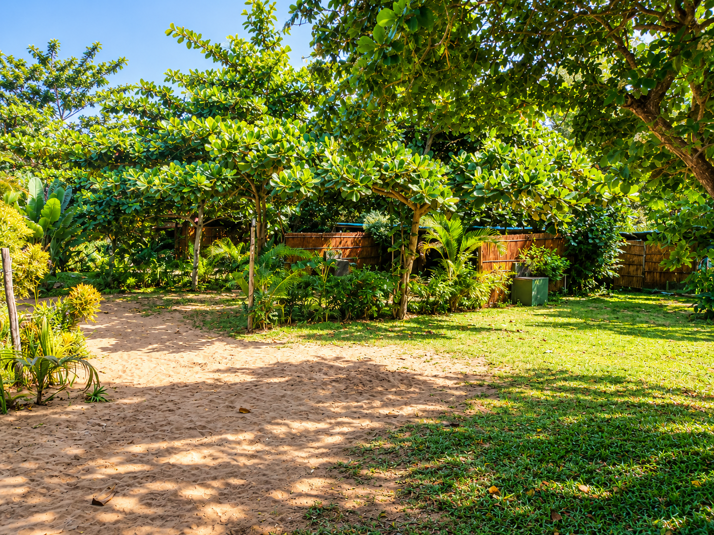 Shaded tropical garden campsite beneath mature trees at Gala-Gala Eco Resort
