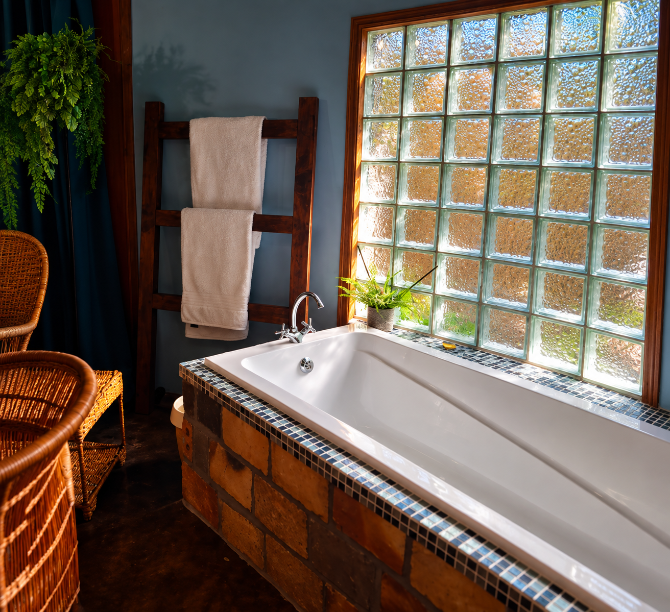 Large soaking bath beside the glass-block window in the Superior Deluxe Two Sleeper at Gala-Gala Eco Resort