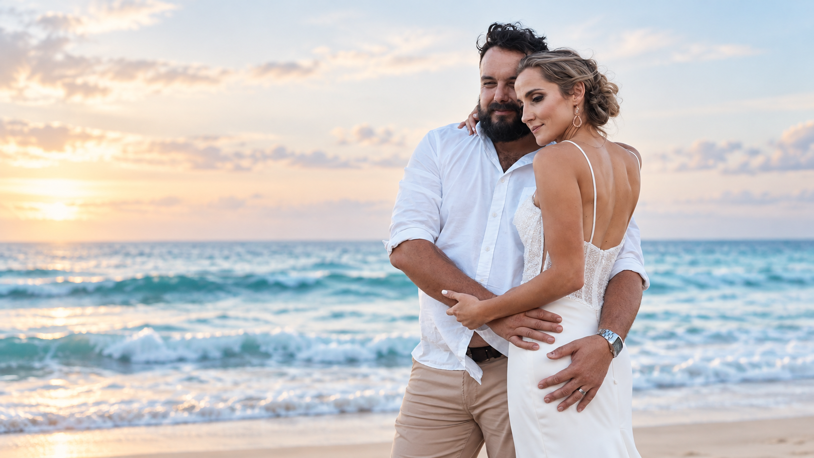 Bride and groom embracing on the beach in Ponta do Ouro