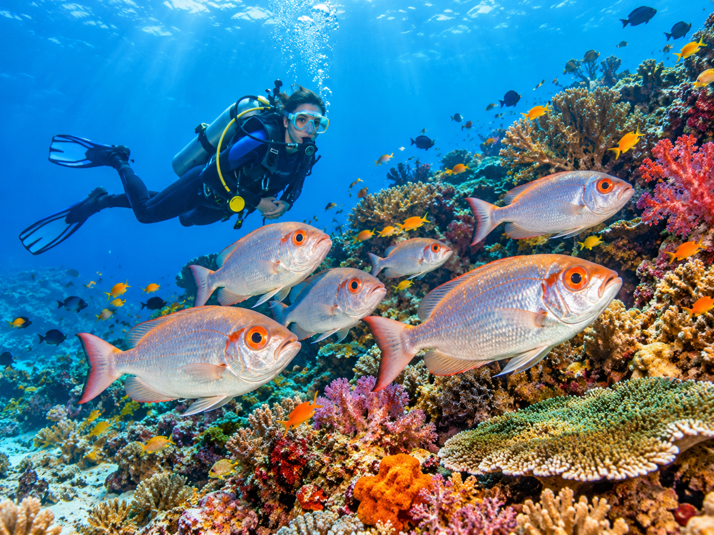 Scuba diver exploring a colourful reef with tropical fish